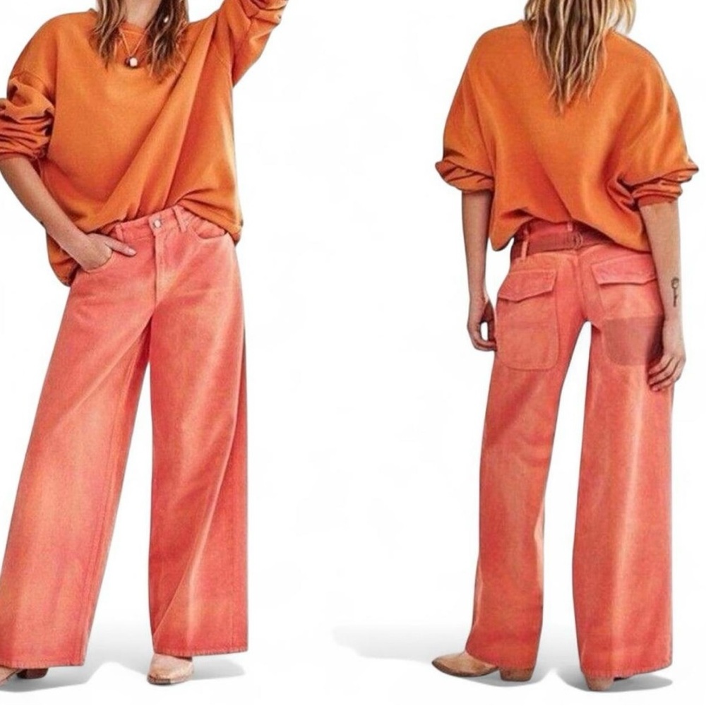 Free People We The Free Waterfall Baggy Wide Leg Orange Jeans 25 S